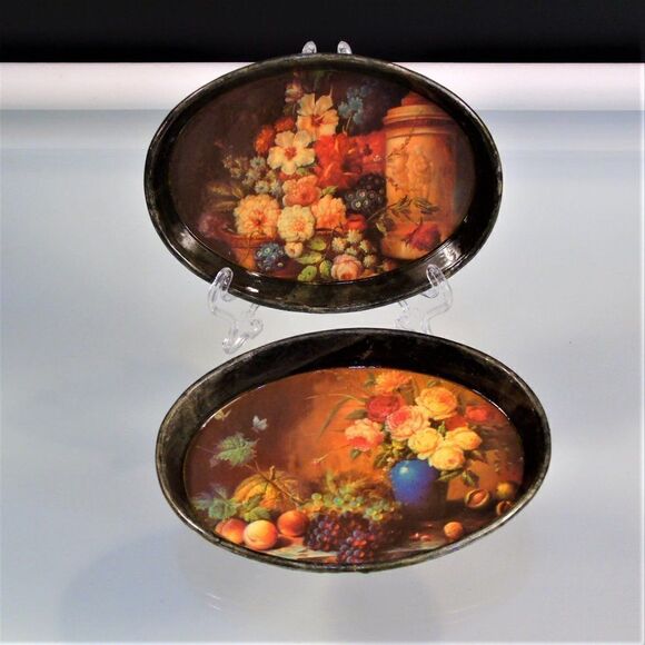 Vintage Lacquer Trinket Trays Still Life Floral - Picture 1 of 7